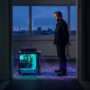 Teknisk leder i et lille nordisk operationsrum ved en markeret tærskel, med et kompakt GPU‑testrig i baggrunden; dybe indigo/purpur skygger og cyan/grønne lysstriber som subtile data‑pulser.