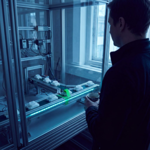 Teknisk leder ved kanten af en afgrænset testboks i et lille lab; inden i boksen et testrig med en cyan blinkende indikator. Dyb lilla/indigo stemning med cyan/grønne signalrefleksioner, neutraliseret bekymret atmosfære.