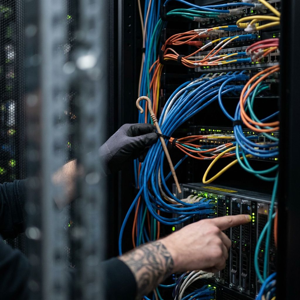 Testbænk i aktion: tekniker sætter en probe i en adapter med en cyan blinkende indikator i baggrunden; aktivt, kontrolleret testarbejde.