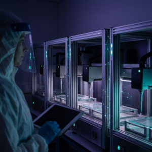 Operationsleder i pilot‑lab betragter en kø af assay‑racks; ét rack er pauset. Deep purple/indigo lys og cyan pulser antyder AI‑orkestrering.