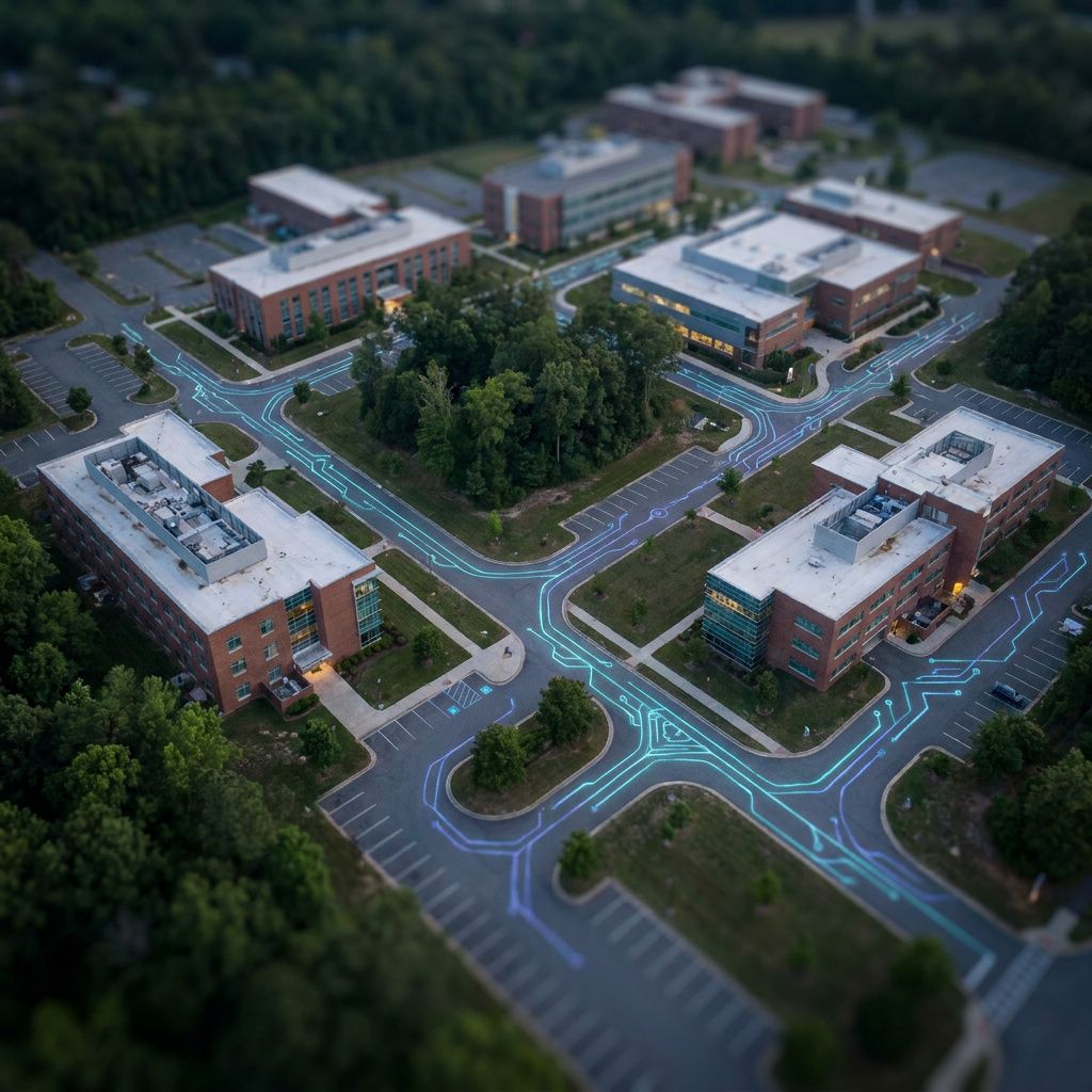 Aerial view af forskningscampus med farvekodede rute‑markeringer som metafor for agent‑divisioner.