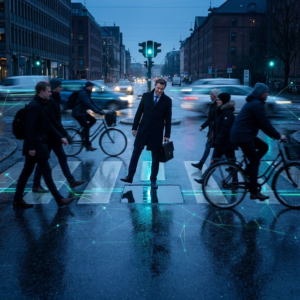 Regnvådt københavnsk fodgængerfelt om natten, cyklister og fodgængere krydser forbi hinanden med et lille, tydeligt mellemrum som en visuel pause.
