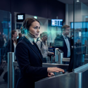 Gate‑medarbejder i nordisk lufthavn holder lige før en announcement, passagerer glider forbi i to strømme, stemningen koncentreret og rolig.