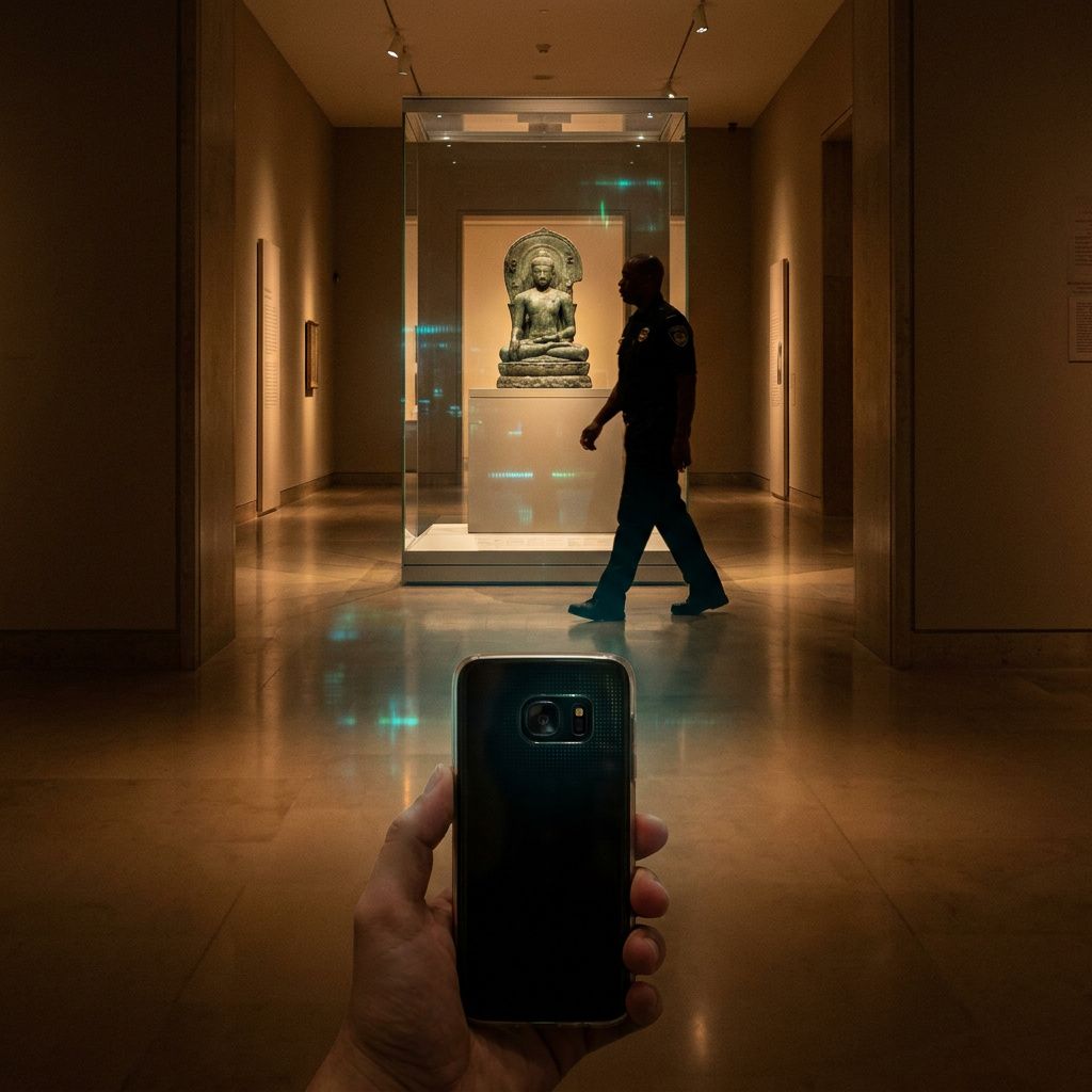 Museumkorridor med vitrine og vagt i bevægelse, telefon holdt roligt, som om den snart vil give et proaktivt hint.