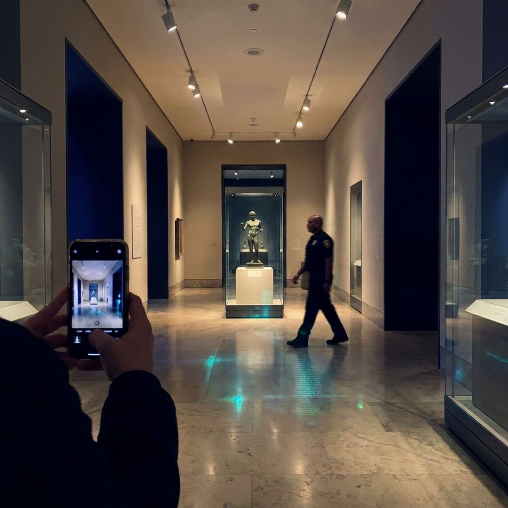 Museumkorridor med vitrine og vagt i bevægelse, telefon holdt roligt, som om den snart vil give et proaktivt hint.