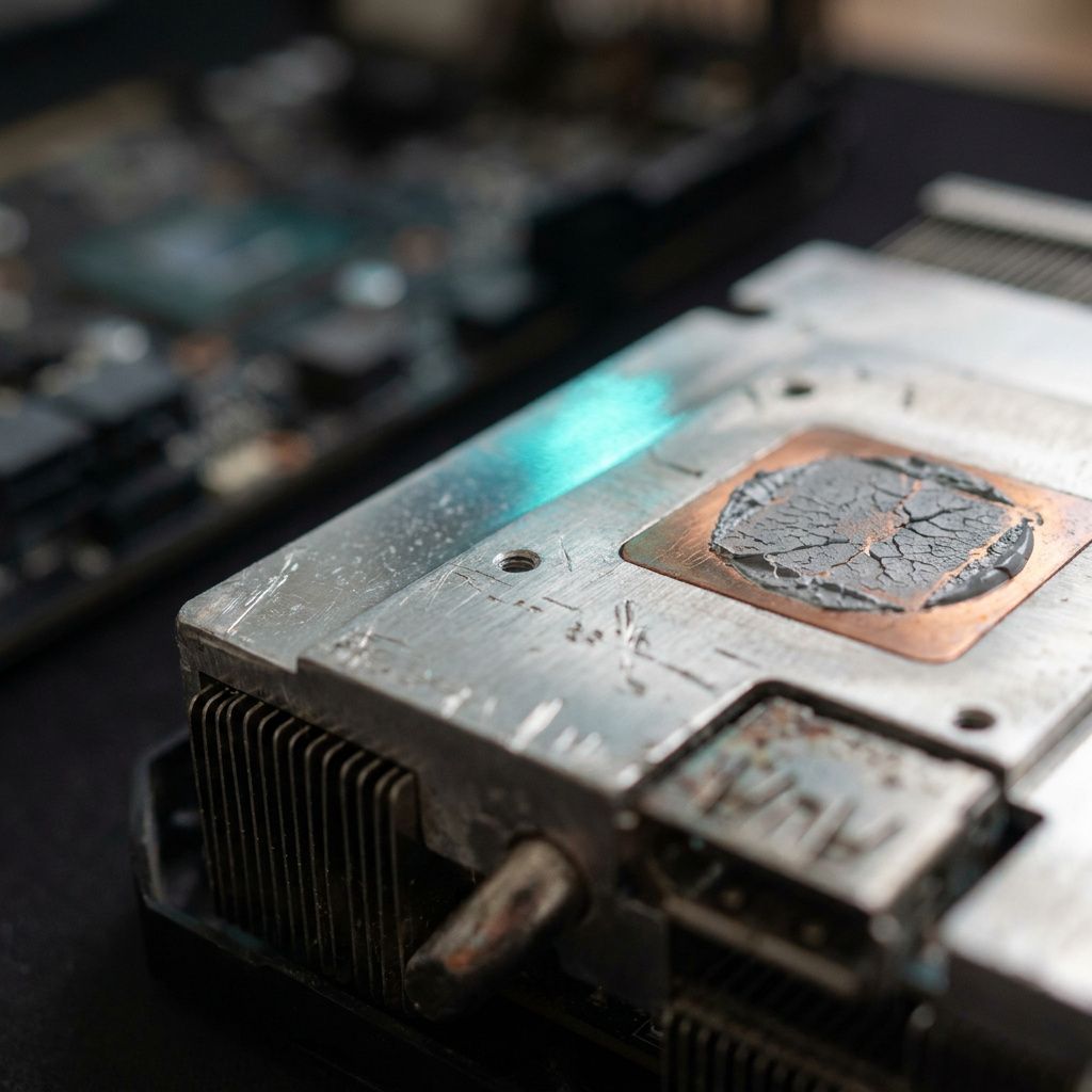 Detalje af en GPU‑køleprofil og termisk pasta på en testbænk, med cyan/indigo accenter.