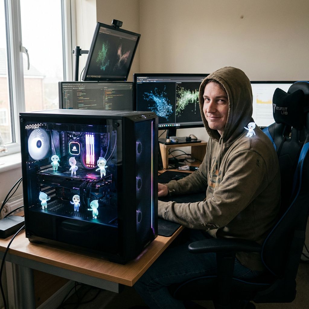 Detalje af en GPU‑køleprofil og termisk pasta på en testbænk, med cyan/indigo accenter.