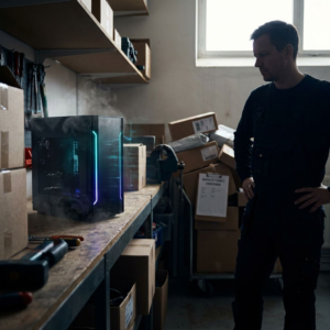 Et kompakt server‑tower i et lille nordisk værksted/kontor med cyan/indigo accentlys; i baggrunden uskarpe pakker og en silhouet af en teknisk leder — symbol på beslutningen om at køre lokale AI‑agenter på én GPU.