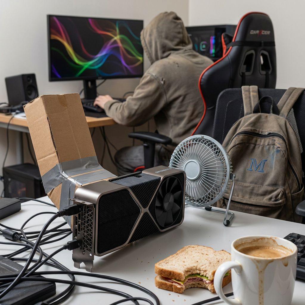 Hænder i arbejde ved en test‑fixture ved siden af en kompakt GPU‑kasse i et lille test‑lab, procesmoment uden identifikation.