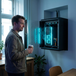 Teknisk leder i en lille nordisk virksomheds teknikrum betragter en kompakt workstation med GPU‑køleflade; indigo skygger og cyan accenter signalerer lokal compute‑valg og praktiske driftsovervejelser.
