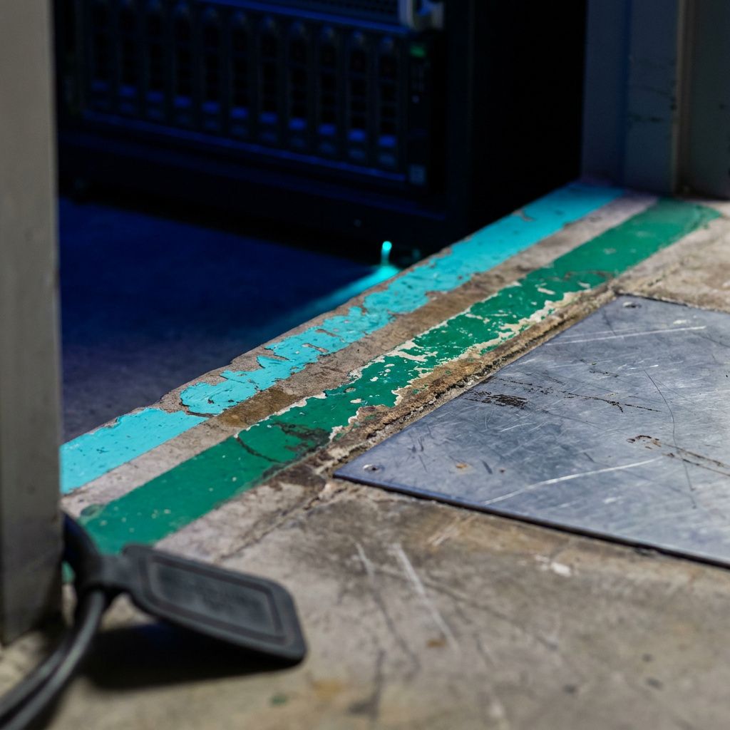Makro af betonkant med cyan‑ og grønmalede baner, slidte kanter og diskret cyan glød — fysisk spor af en beslutning om konsolidering.