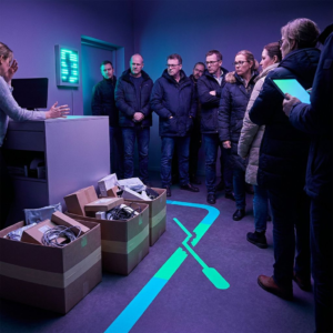 Modtagelsesområde i en lille dansk virksomhed under pres: kunder i kø, en leder med tablet i baggrunden og cyan‑grøn gulvmarkering; indigo/lilla stemning med subtil datapuls‑effekt.