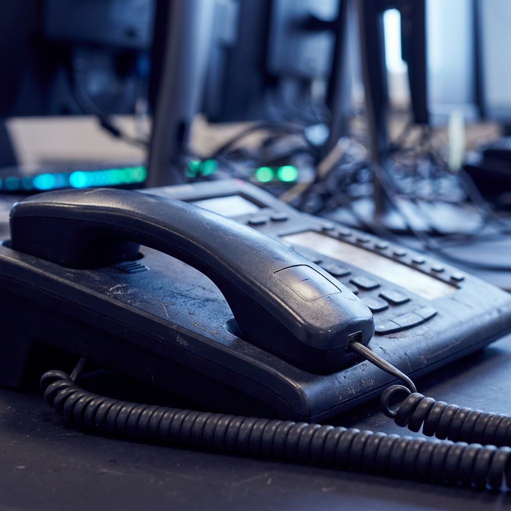 Tæt crop af supporttelefoner i et travlt kundecenter med cyan‑grønne reflekser og indigo skygger.