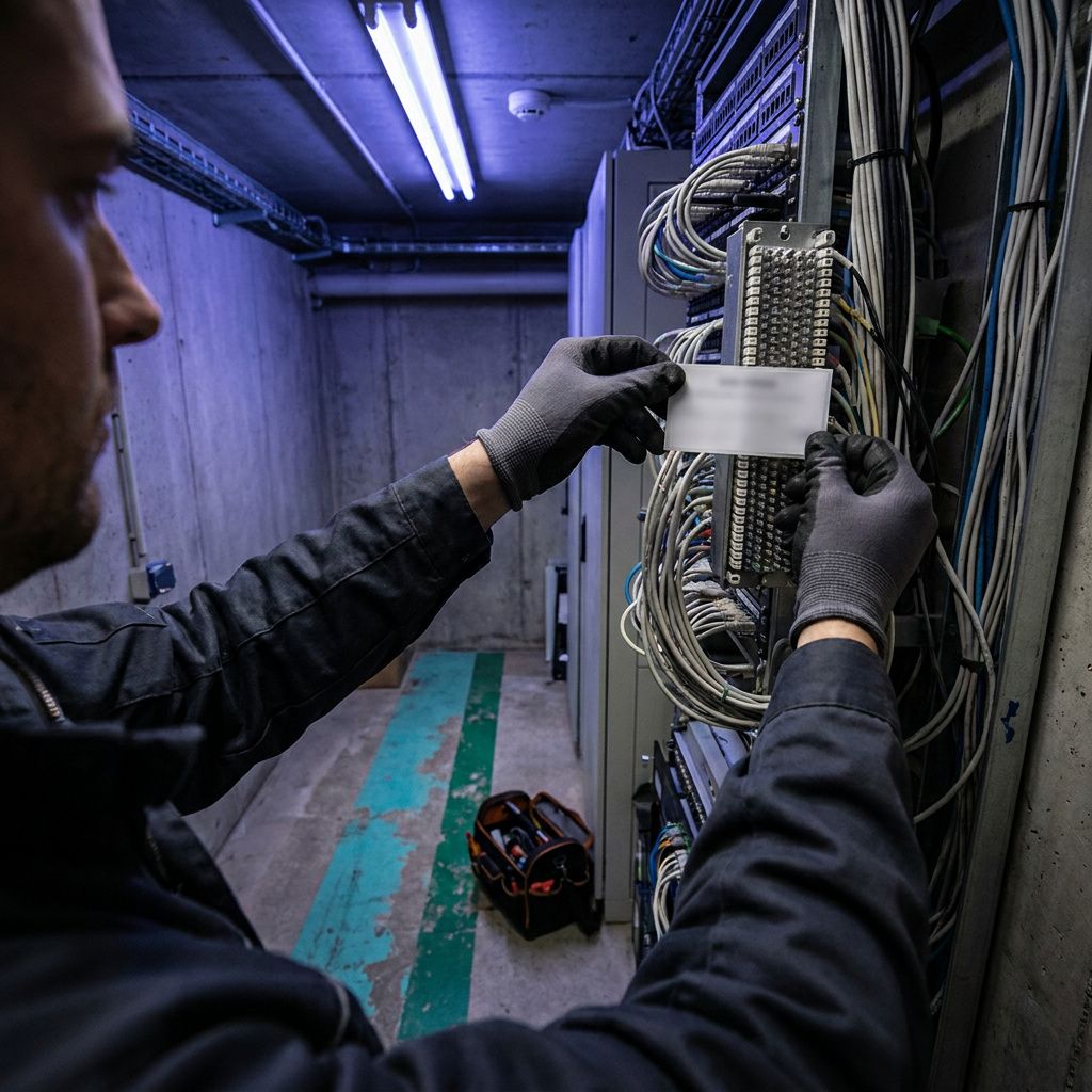 Tekniker uden ansigt sætter en neutral label på en connector i et lille on‑site netværksrum, cyan og indigo toner.