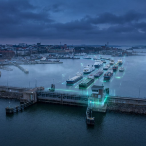 Nordisk havne-sluse i skumring: to cyan/ grøn markerede købaner leder mod en enkelt sluseport, subtile pulser af lys antyder dataflow og omkostningsmåling.