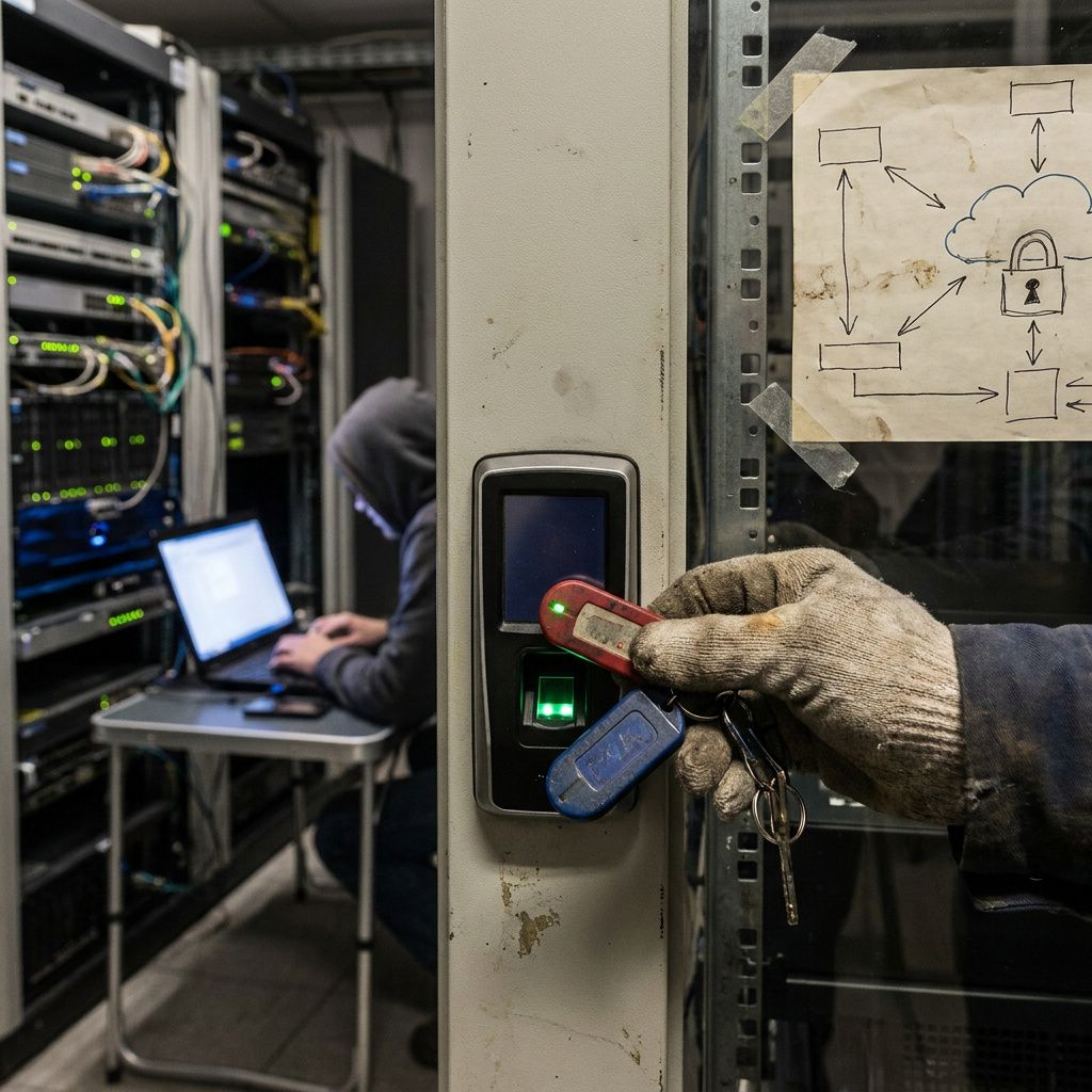 Operationsingeniørs hænder sætter et anonymt canary‑mærke på en deployments‑stolpe mellem test og produktion, indigo/cyan belysning.