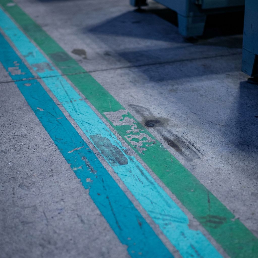 Dokumentarisk makro af en test‑rigs overflade med cyan/grønne reflekser og et anonymt canary‑mærke, indigo lys.
