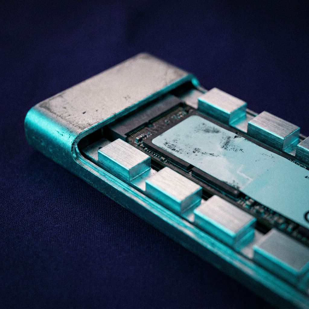 Makro af køleflade og blæserudgang på en kraftig workstation med cyan/indigo toning — tegn på varme og kontinuerlig brug.