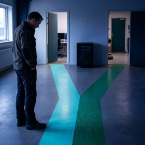 Teknisk leder i en lille dansk operationshal kigger mod en cyan‑grøn gulvstribe, der deler sig i to baner — metafor for routing‑valg mellem én tung model og en modulær stak.
