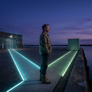 Danish SMV‑leder på en kaj ved skumringstid, der står ved et fysisk vejskille med to farvede (cyan og grøn) baner, der symboliserer alternative skæbner for samtaledata; indigo‑stemning, ingen tekst.