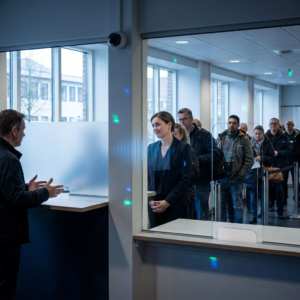 Borgerservice-skranke med glas-privathedszone og diskret kamera; en medarbejder gør klar til at overtage et tegnsprogskald, lille kø i baggrunden, nordisk aftenlys.