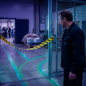 Operationsleder ved en lukket port i en nordisk driftshal; cyan og grøn gulvbaner og karantæne-bånd viser et stoppet leveranceflow. Indigo lys og subtile pulser antyder dataspor og pres for hurtig handling.