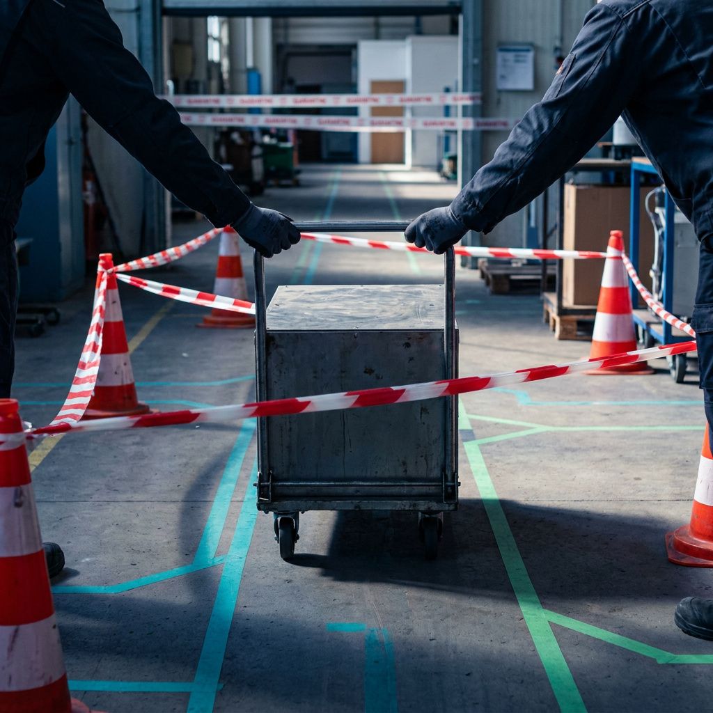 Tæt makro af en slidt mærkeplade på en byggejob-sokkel med cyan/grøn malingstreg, som en taktil metafor for pipeline-slitage og eksponering.