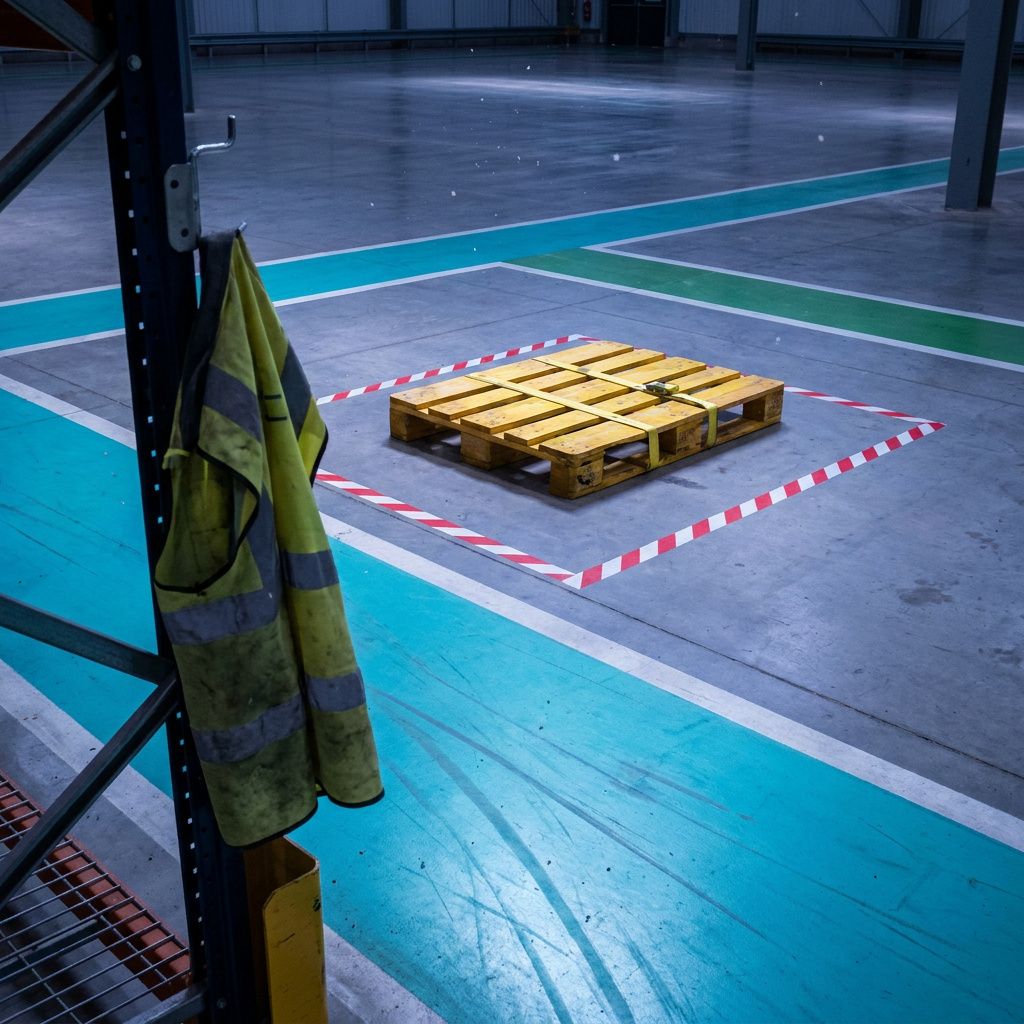 Bredt operations-overblik: en karantænezone markeret med cyan/grøn gulvbaner og en palle i midten, indigo lys og stille pause i drift.
