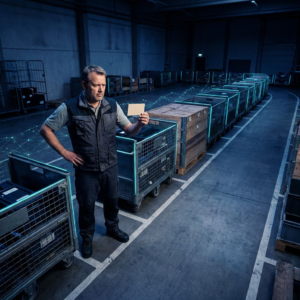 Teknisk leder i en nordisk testhal ser på markeret gulvbane med ventende testbås‑zoner; indigo belysning og cyan‑grønne signalreflekser, subtil data‑pulse overlay. Beslutningsøjeblik om prioritering af lange workloads.