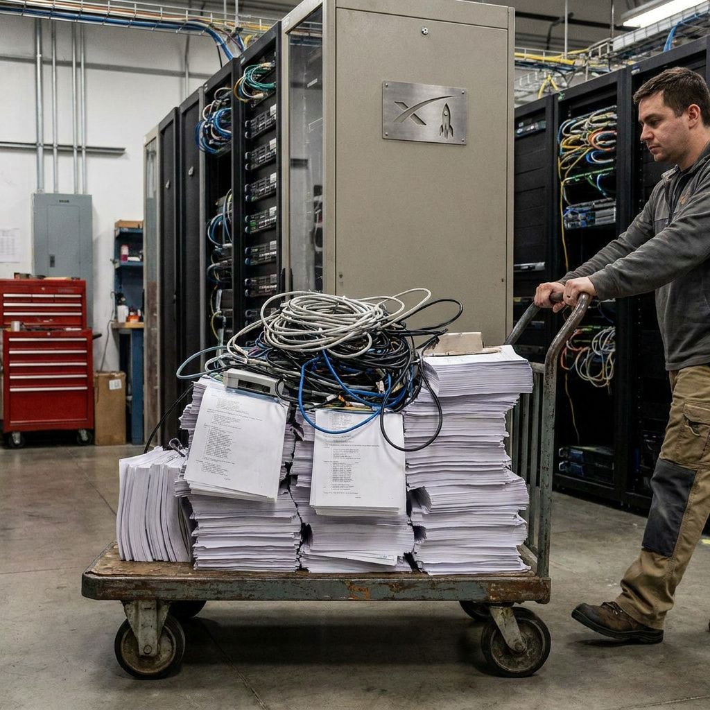 Hænder fra en tekniker placerer en testcontainer i en cyan‑malet bås; indigo lys og markerede gulvbaner viser prioritering.