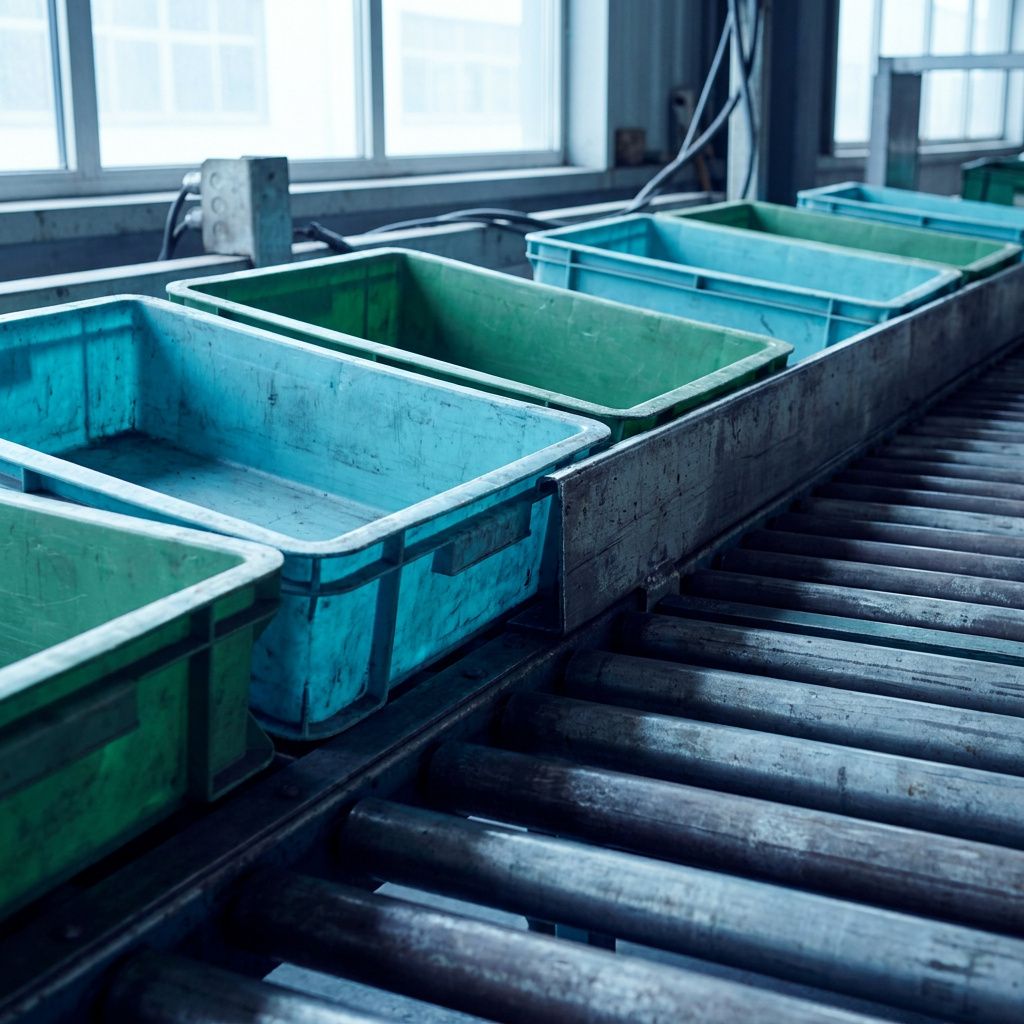 Makro af farvekodede plastbakker stoppet ved en afspærringsskinne — symbol på ventende leverancer og operativ tærskel.