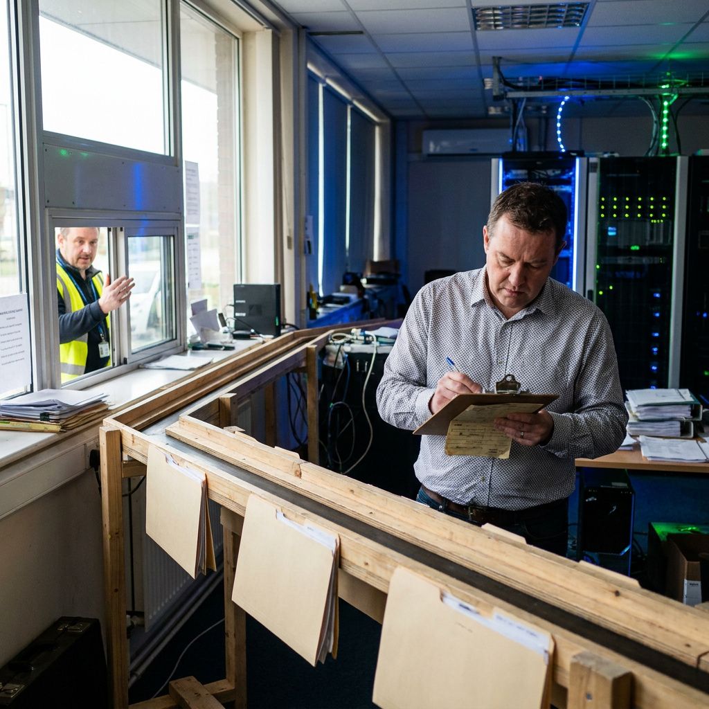 Support‑dispatch i aktion: sagskø bevæger sig mod udleveringsluge mens en it‑leder vurderer næste skridt — konkret driftssituation.