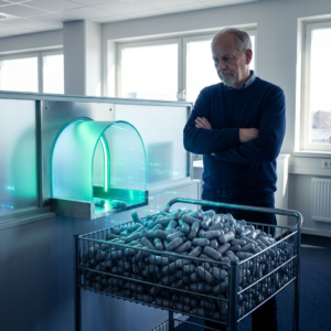 Nordisk operationsrum: sagskø på tralle føres gennem en gennemsigtig sluse med cyan/indigo lys, en driftsperson observerer flowet. Stemning: kontrolleret, spændt.