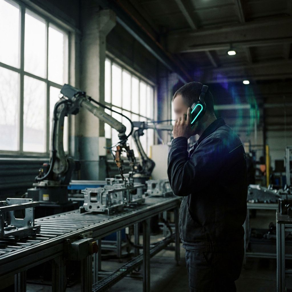 Operatør i produktion holder headset; ambient indigo lys, cyan signalstripe på headset, antyder offline voice‑to‑action i industriel sammenhæng.
