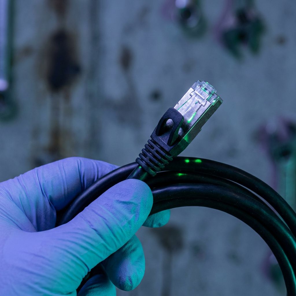 Dokumentarisk makro: teknikerholder et netværkskabel og connector i kølige indigo/cyan toner, symbol på selvhostet endpoint og fysisk drift.