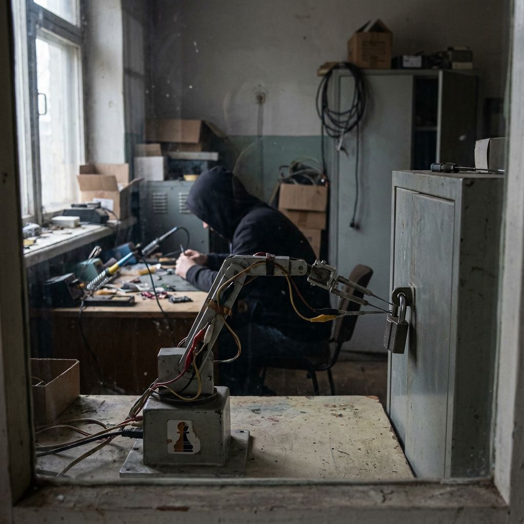 Support/dispatch‑station i en lille virksomhed; en leder vurderer en forstyrret kø, døren til gaden i baggrunden antyder konsekvens for kunderne.