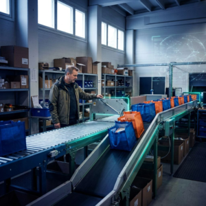 Driftleder i en dansk SMV omdirigerer en pakkebane/kø — synlig degradering af flow for at bevare service under leverandørusikkerhed. Indigo skygger og cyan/grønne accenter.