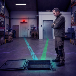Operationsleder ved en omdirigeringslem i et lille lager, to farvede gulvbaner (cyan og grøn) der leder mod forskellige døre; dyb indigo stemning med cyan/green accents.