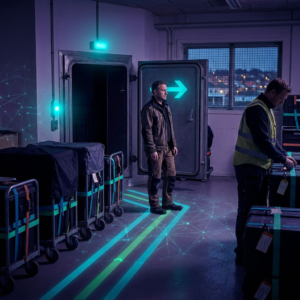 Driftleder ved en åben omdirigeringslem i et dansk operationsrum, deep purple/indigo lys med cyan accenter, viser et beslutningsøjeblik omkring udrulning og sikkerhed.