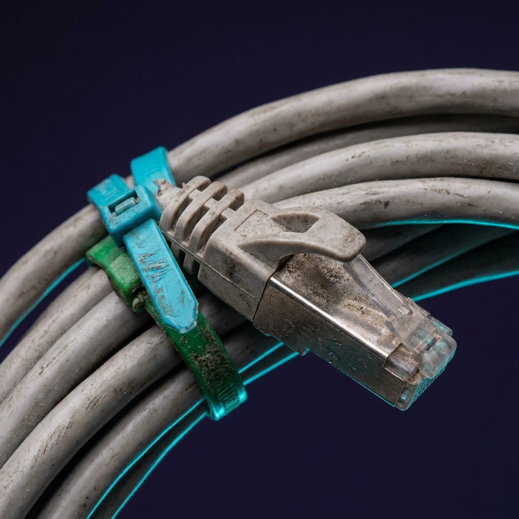 Tæt makro af et slidt netværkskabel bundet med cyan og grøn kabelstrips, med indigo baggrund.