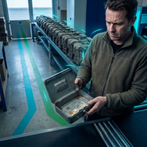Nordisk operationsrum med cyan og grøn routingstribe på gulvet, jobposer i kø og en driftsleder i profil der overvejer omdirigering under økonomisk pres. Dyb lilla/indigo tone og cyan accenter, subtil datapuls i luften.