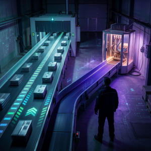 Operationsmodtagelse i en dansk lille virksomhed: en bred cyan/grøn bane af kasser mod en snæver indigo‑oplyst passage, lederens silhuet i baggrunden — visuelt symbol på at kun nogle sager eskaleres til en dyr løsning.