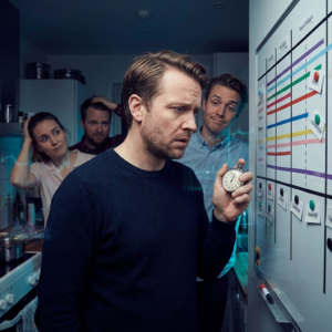 Nordisk operationsrum: teknisk leder ved en væg med farvekodede flowstriber og små slørede navneskilte der symboliserer navngivne bots; dyb lilla/indigo lysning med cyan pulser.