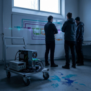 Nordisk research‑testmiljø i indigo og cyan: en tekniker ved en testbænk med målinger og en kaffe, subtile pulser i billedets kanter — et øjeblik hvor en teknisk beslutning skal tages.