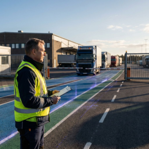 Operationsleder ved terminalgate ser mod kø af lastbiler; cyan/green malede baner og indigo tone antyder data‑styring.