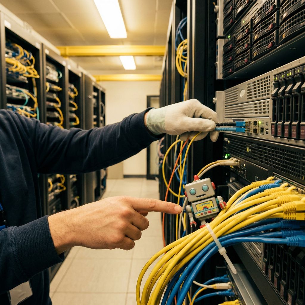 Felttekniker arbejder ved telematik‑boks under trailer, scene ved parkeringsområde og malede baner i baggrunden.