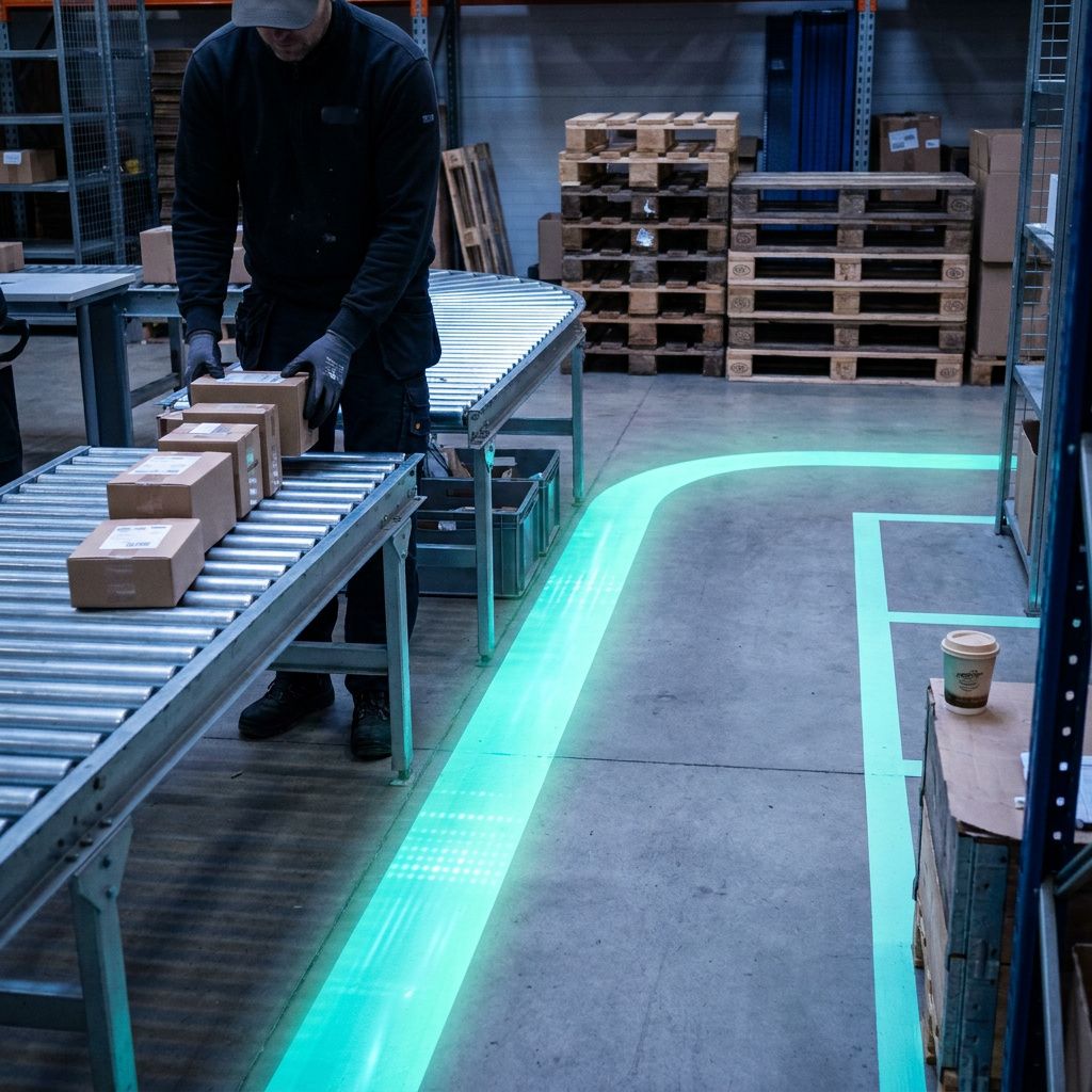 En lille virksomheds pakkestation hvor en medarbejder organiserer udleveringskø; blå‑grønne signalstriber malet på beton viser en ny routing, medarbejderens ansigt ude af frame.