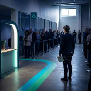 Operations‑øjeblik i en forsikringsafdeling: leder i indigolys foran en kø af ventende kunder, cyan/grøn signalstribe viser en prioriteret bane; subtil data‑puls‑overlay, ingen læsbar tekst.