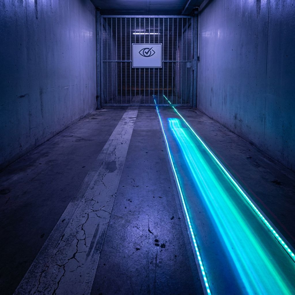 Topvinklet operationsscene viser en ny cyan‑markeret bane der omdirigerer pakker mod et review‑område, med en anonymiseret leder i baggrunden.