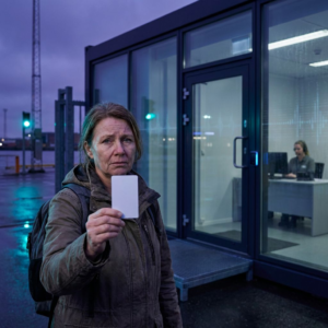Dansk cybersecurity-forsker udenfor testlab holder tomt adgangskort, indigo/cyan belysning, følelsen af afbrudt adgang
